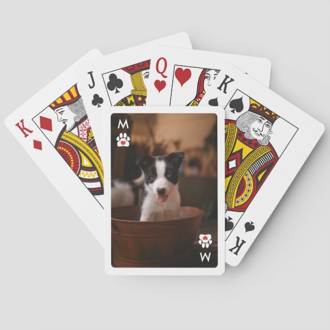 Monogram Paw Print Red Heart Photo Playing Cards (Back)