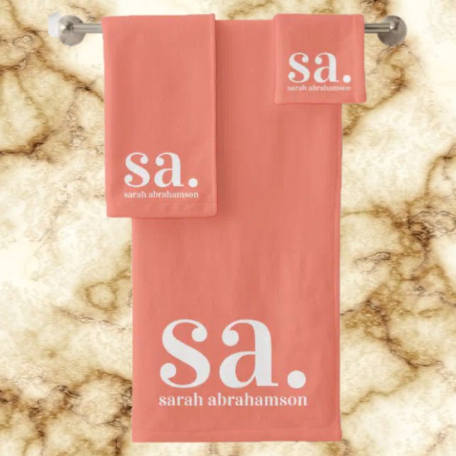 Monogram Peach Coral Minimalist Elegant Bath Towel Set (Creator Uploaded)