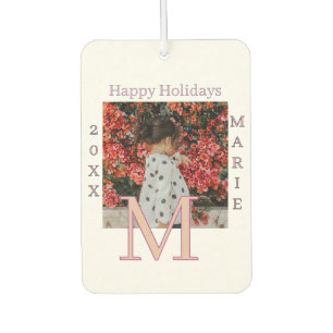 MONOGRAM PEACH GRAY NAME PHOTO YEAR CHRISTMAS HOLI AIR FRESHENER