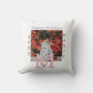 MONOGRAM PEACH GRAY NAME PHOTO YEAR CHRISTMAS HOLI THROW PILLOW