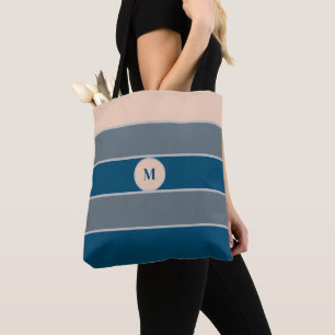 Monogram Peach Grey Blue Striped Modern Chic Tote Bag