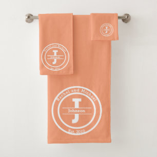 Monogram Peach Married Couple Elegant Minimalist Bath Towel Set