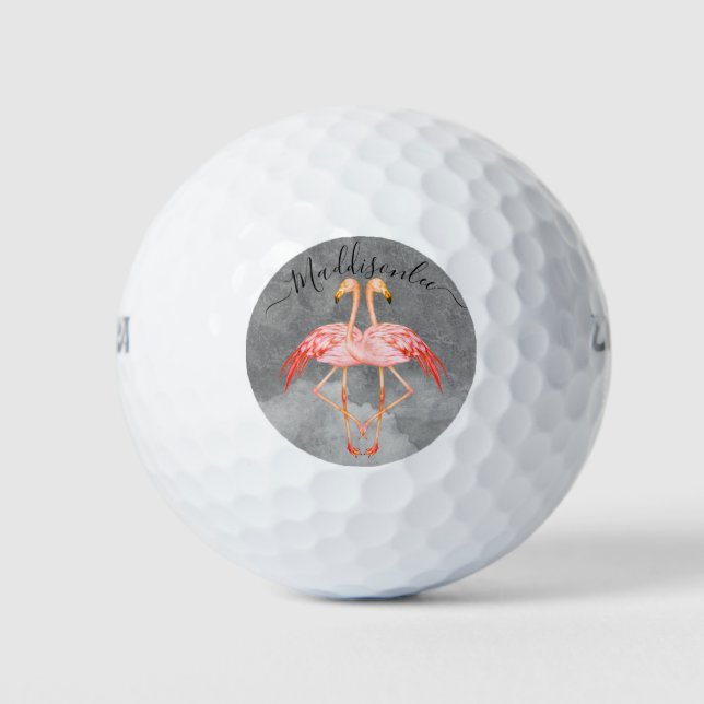 Monogram Peach Name Two Pink Flamingos  Golf Balls (Front)