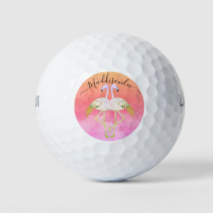 Monogram Peach Name Two Pink Flamingos  Golf Balls