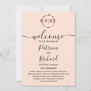 Monogram Peach Rose Gold Foil Wedding Program