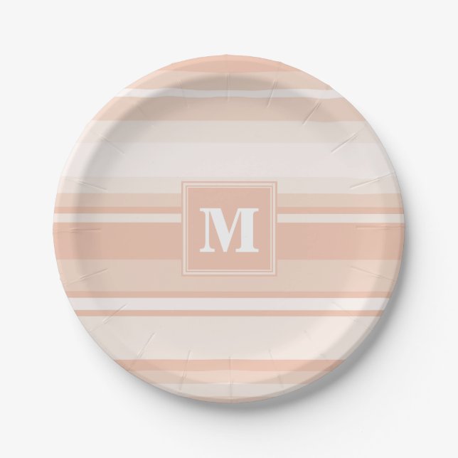Monogram peach stripes paper plate (Front)