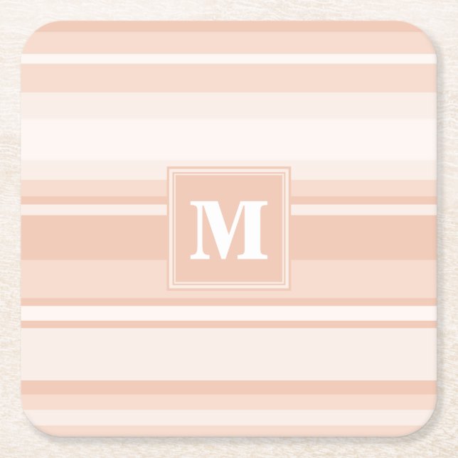 Monogram peach stripes square paper coaster (Front)