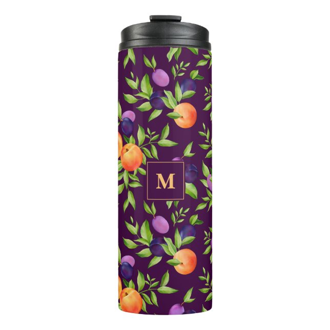 Monogram Peaches Plums Purple Cute Fruit Botanical Thermal Tumbler (Front)