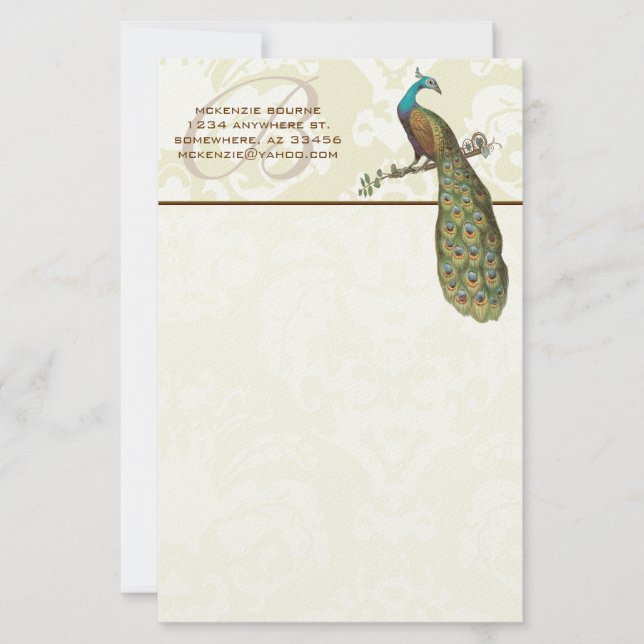 Monogram Peacock Branch Stationery (Front)