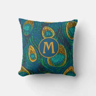 Monogram Peacock Feather Abstract Throw Pillow