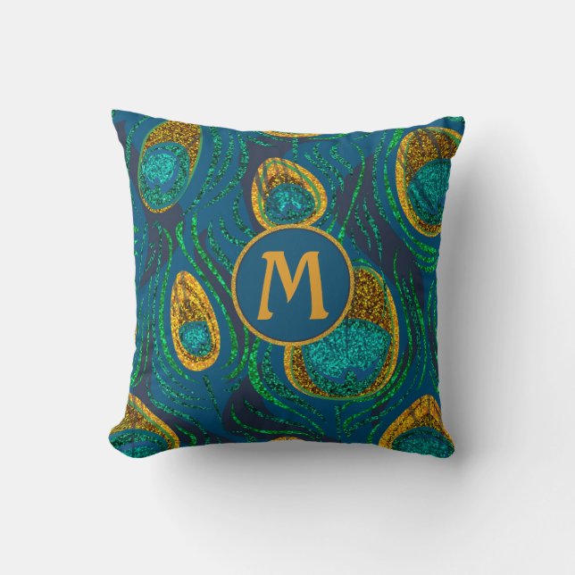 Monogram Peacock Feather Abstract Throw Pillow (Front)