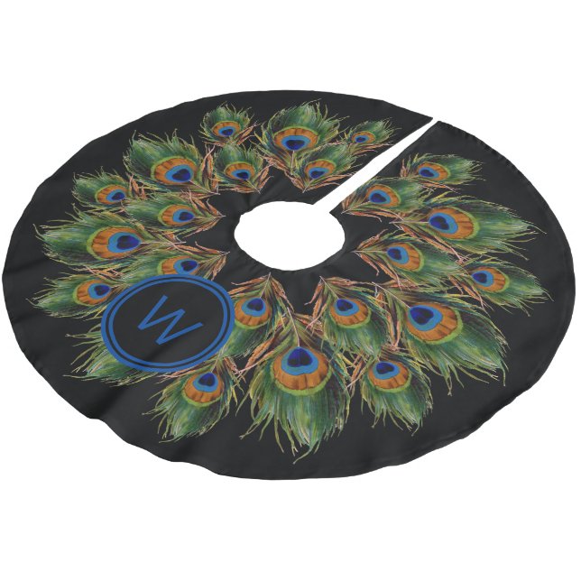 Monogram Peacock Feather Black Brushed Polyester Tree Skirt (Angled)
