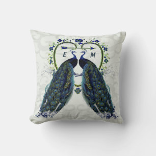 Monogram PEACOCK HEART Wedding Anniversary Custom Throw Pillow