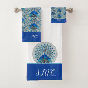 Monogram Peacock Teal Blue and White Monogram  Bat Bath Towel Set