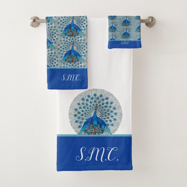 Monogram Peacock Teal Blue and White Monogram  Bat Bath Towel Set (Insitu)