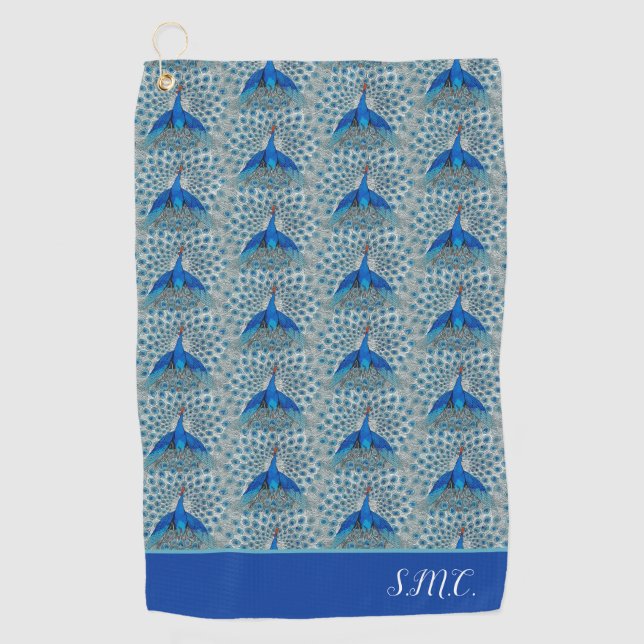 Monogram Peacock Teal Blue and White Monogram  Bat Golf Towel (Front)