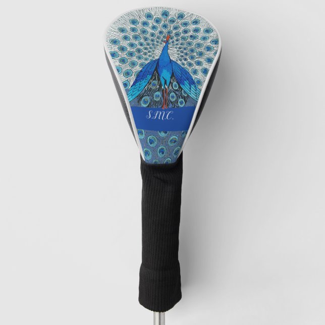 Monogram Peacock Teal Blue and White Monogram  Golf Head Cover (Front)