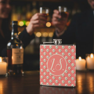 Monogram Pearl Accent Coral Hip Flask