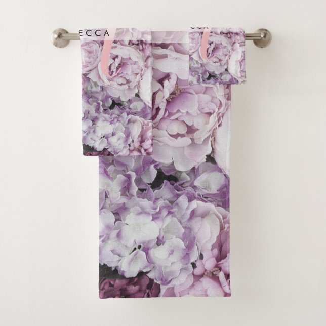 Monogram Peony Roses Floral Pink Script Bath Towel Set (Insitu)