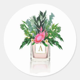 Monogram Perfume Bottle Protea Flowers Elegant Classic Round Sticker