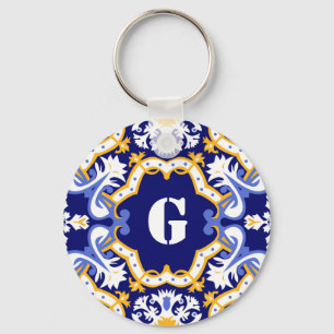 Monogram periwinkle, blue and yellow Azulejos Keychain