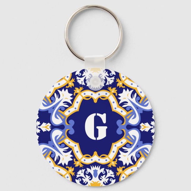 Monogram periwinkle, blue and yellow Azulejos Keychain (Front)