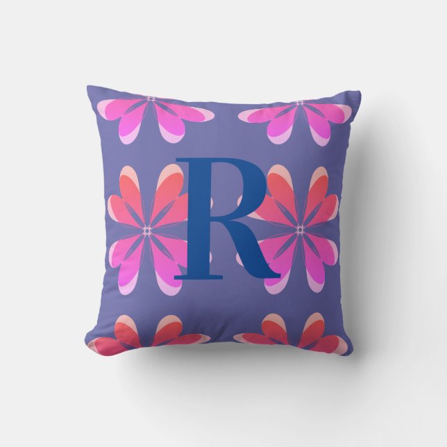 Monogram Periwinkle Blue Orange Pink Retro Flower Throw Pillow (Front)