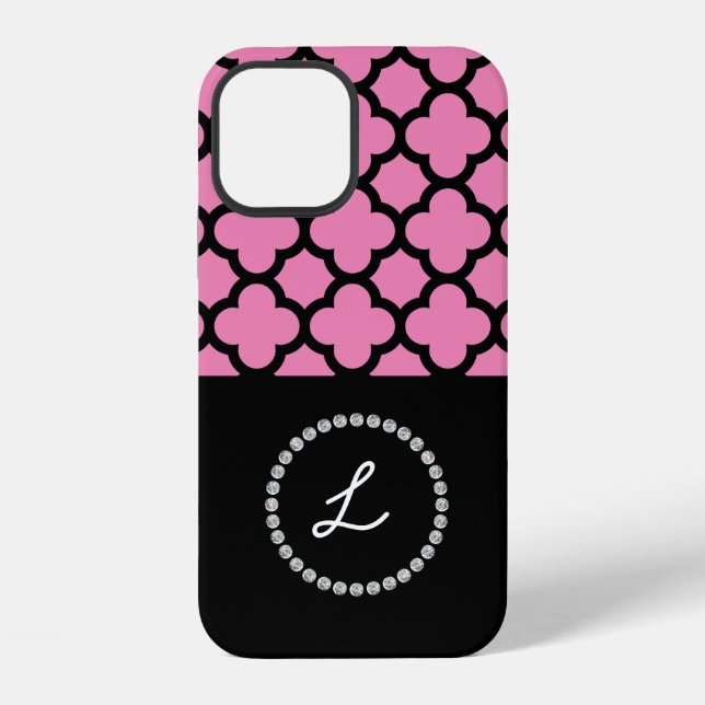 Monogram Personalised Monogram Pink Black Diamante iPhone Case (Back)