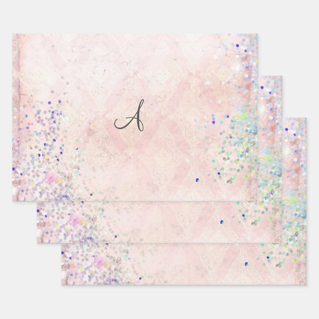 Monogram Personalize Pink Glitter Elegant Trendy Wrapping Paper Sheet (Set)