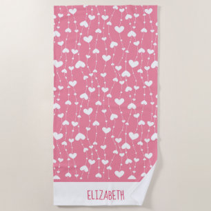 Monogram Personalize Pink White Hearts Beach Towel
