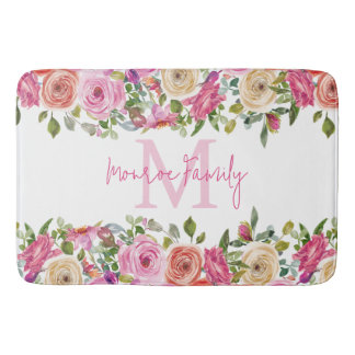 Monogram | Personalize | Watercolor | Floral  Bath Mat