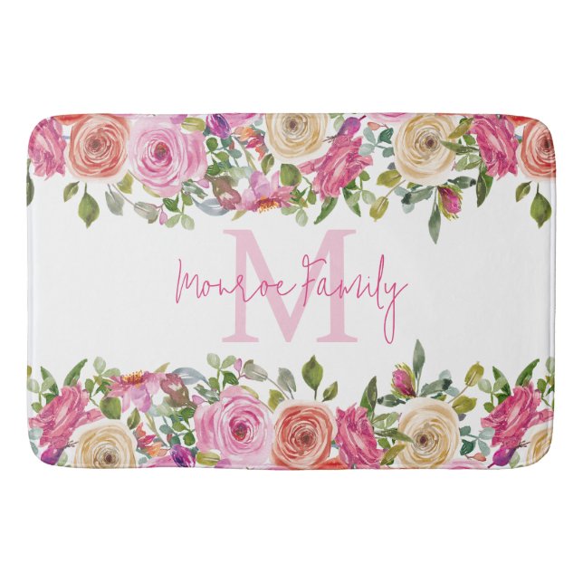 Monogram | Personalize | Watercolor | Floral  Bath Mat (Front)