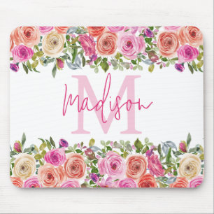 Monogram Personalize Watercolor Floral Mouse Pad