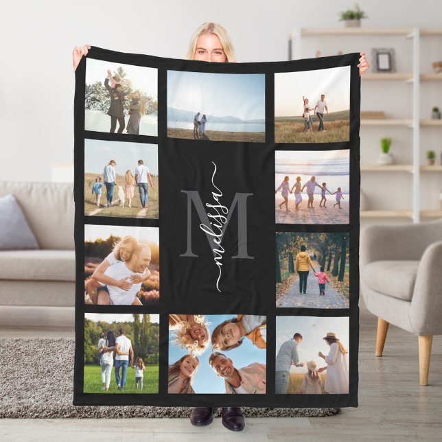 Monogram Personalized 10 Photo Collage Fleece Blanket (Creator Uploaded)