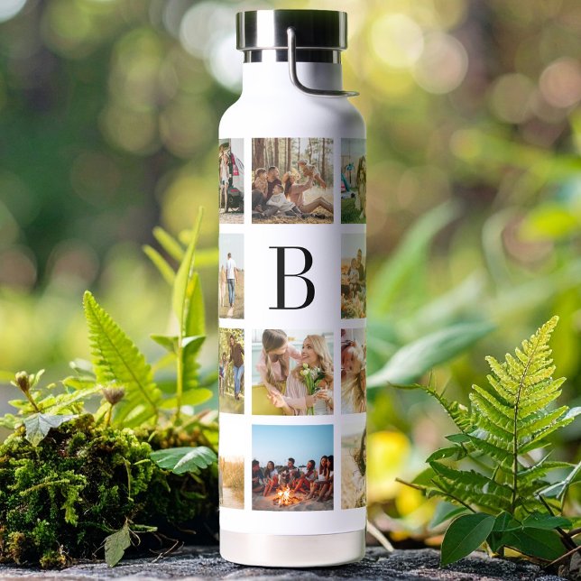 Monogram Personalized 19 Photo Collage Water Bottle (Creator Uploaded)