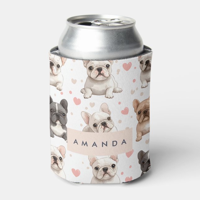 Monogram Personalized Adorable French Bulldog  Can Cooler (Can Front)