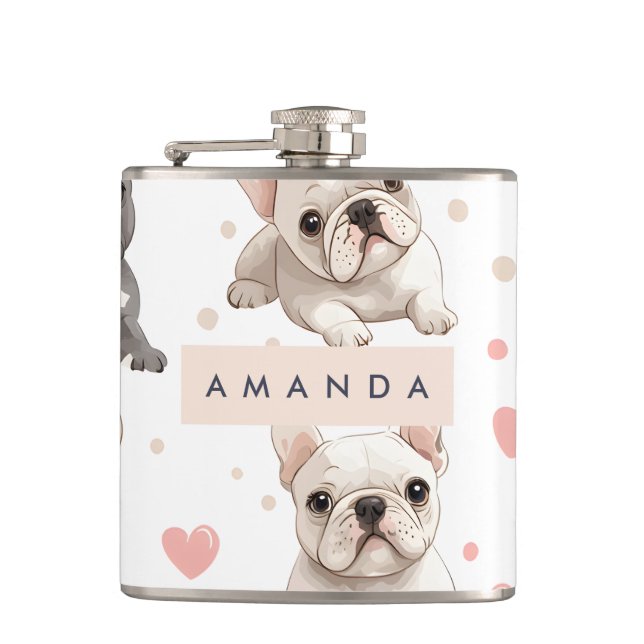 Monogram Personalized Adorable French Bulldog  Hip Flask (Front)