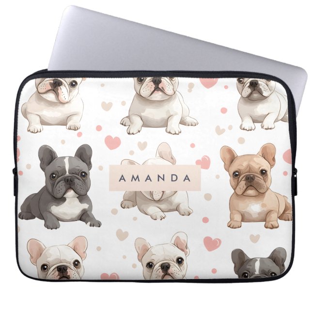Monogram Personalized Adorable French Bulldog  Laptop Sleeve (Front)