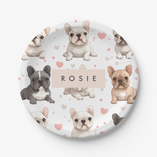 Monogram Personalized Adorable French Bulldog  Paper Plate (Front)