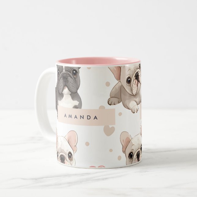 Monogram Personalized Adorable French Bulldog  Two-Tone Coffee Mug (Front Left)