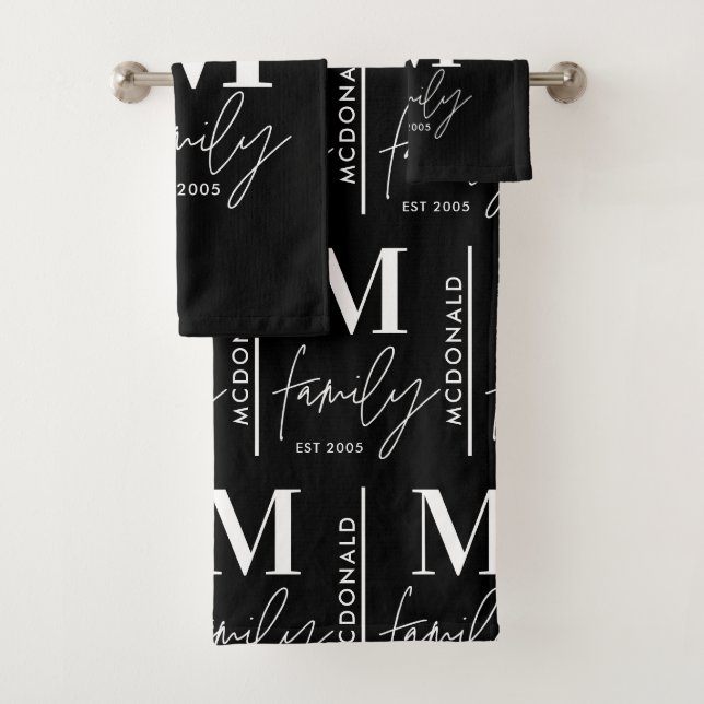 Monogram personalized black modern family bath towel set (Insitu)