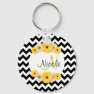 Monogram Personalized black white chevron Daisy Keychain