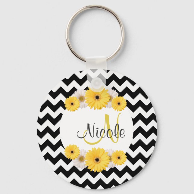 Monogram Personalized black white chevron Daisy Keychain (Front)