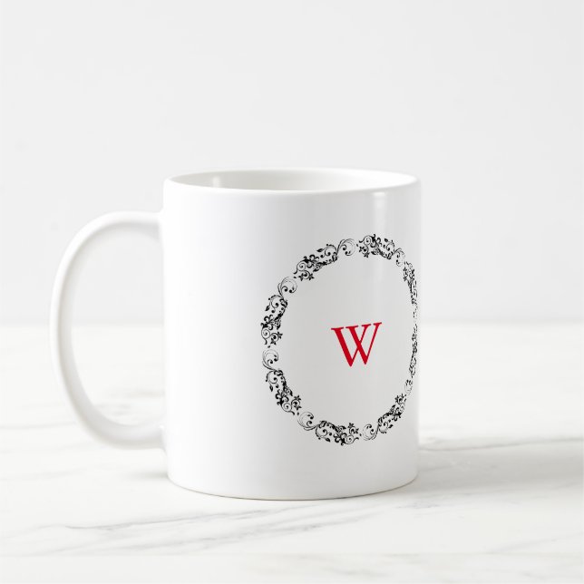 Monogram Personalized Black & White Swirl Design Coffee Mug (Left)