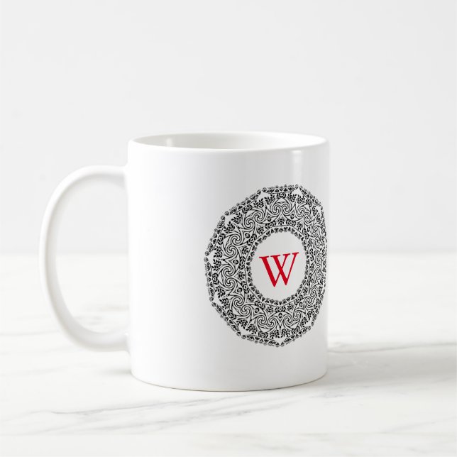 Monogram Personalized Black & White Swirl Design Coffee Mug (Left)