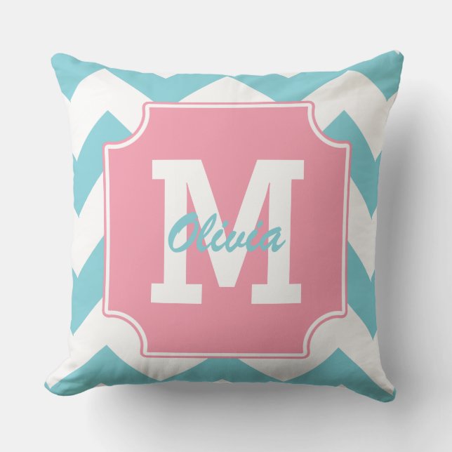 Monogram Personalized Blue and Pink Chevron Throw Pillow (Front)