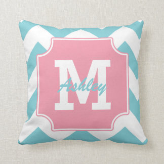 Monogram Personalized Blue and Pink Chevron Throw Pillow