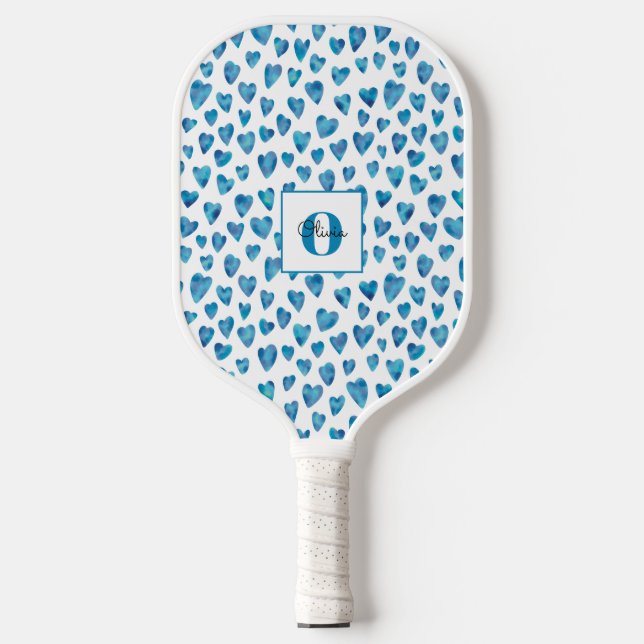 Monogram Personalized Blue Heart Pickleball Paddle (Front)