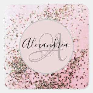 Monogram Personalized Champagne Pink Confetti  Square Sticker