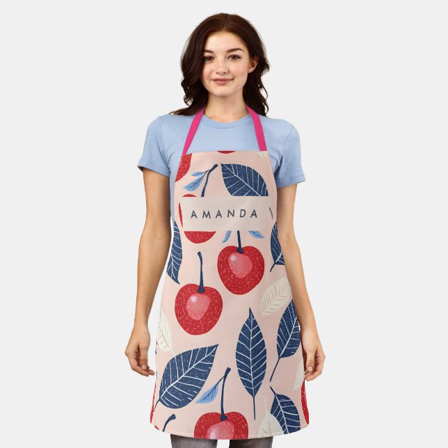 Monogram Personalized Cherry and Leaf Pattern Apron (Worn)